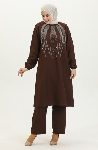 Taş Baskılı Abiye Tunik Pantolon İkili Takım 0410-05 Kahverengi
