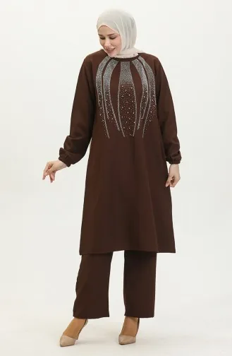 Avondjurk Met Steenprint Tuniekbroek Dubbel Pak 0410-05 Bruin 0410-05
