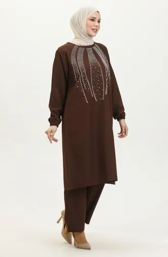 Avondjurk Met Steenprint Tuniekbroek Dubbel Pak 0410-05 Bruin 0410-05