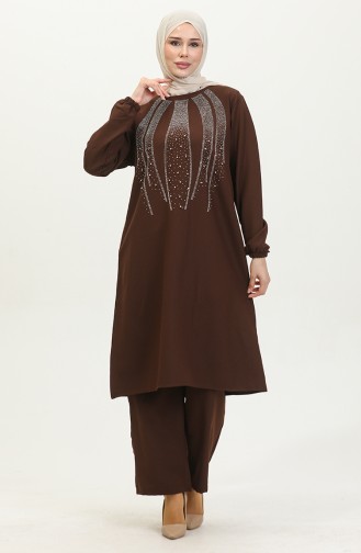 Taş Baskılı Abiye Tunik Pantolon İkili Takım 0410-05 Kahverengi
