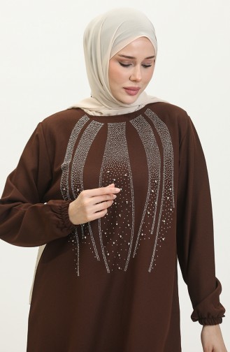 Taş Baskılı Abiye Tunik Pantolon İkili Takım 0410-05 Kahverengi