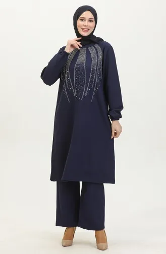 Avondjurk Met Steenprint Tuniekbroek Dubbel Pak 0410-02 Marineblauw 0410-02