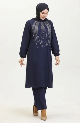 Avondjurk Met Steenprint Tuniekbroek Dubbel Pak 0410-02 Marineblauw 0410-02