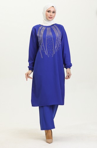 Taş Baskılı Abiye Tunik Pantolon İkili Takım 0410-03 Saks