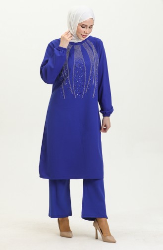 Taş Baskılı Abiye Tunik Pantolon İkili Takım 0410-03 Saks