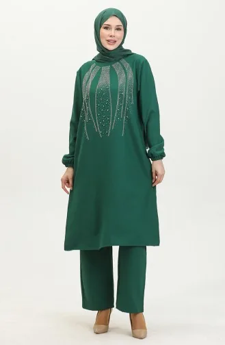 Ensemble Deux Pièces Robe De Soirée Tunique Pantalon Imprimé Pierre 0410-01 Vert Emeraude 0410-01