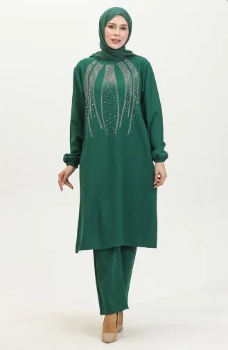 Ensemble Deux Pièces Robe De Soirée Tunique Pantalon Imprimé Pierre 0410-01 Vert Emeraude 0410-01