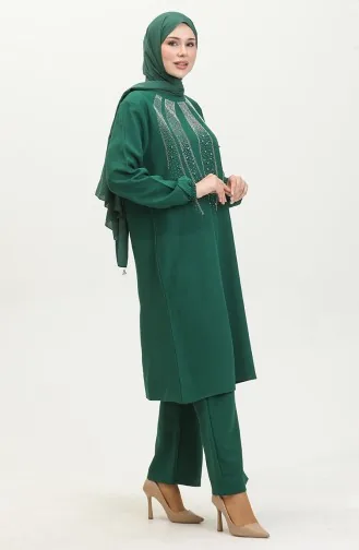 Ensemble Deux Pièces Robe De Soirée Tunique Pantalon Imprimé Pierre 0410-01 Vert Emeraude 0410-01