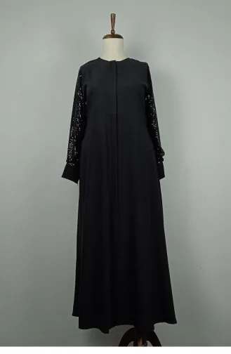 Large Size Sleeves Sequin Detailed Abaya Black F36 1318