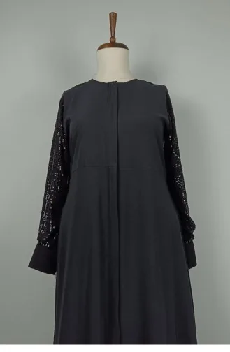 Large Size Sleeves Sequin Detailed Abaya Black F36 1318
