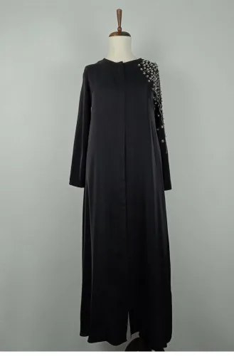 Large Size Shoulder Stone Detailed Abaya Black F38 1320