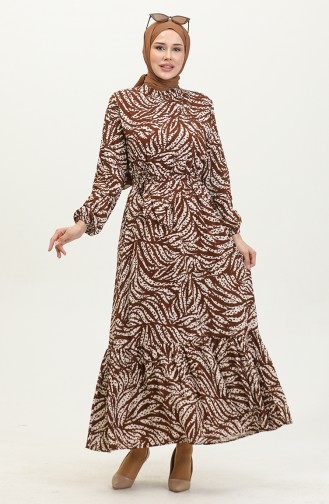 Kleid Aus Viskose Mit Blattmuster 0414-02 Braun 0414-02