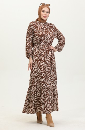Kleid Aus Viskose Mit Blattmuster 0414-02 Braun 0414-02
