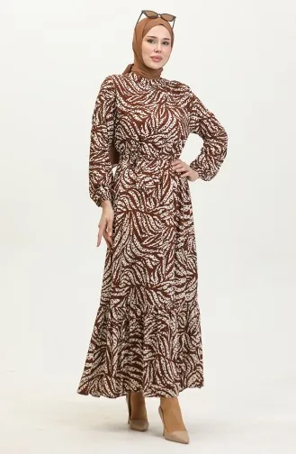 Leaf Patterned Viscose Dress 0414-02 Brown 0414-02
