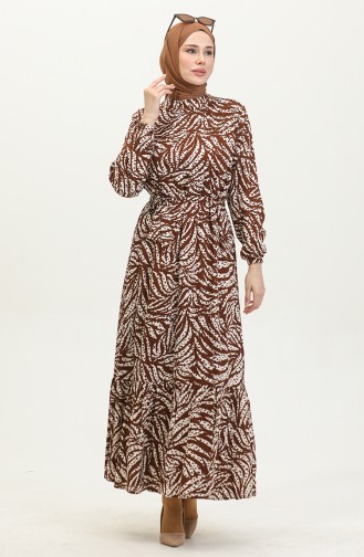 Kleid Aus Viskose Mit Blattmuster 0414-02 Braun 0414-02