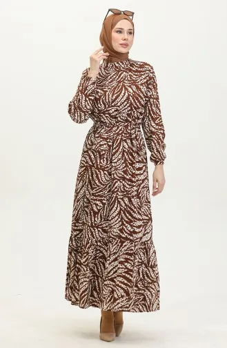 Leaf Patterned Viscose Dress 0414-02 Brown 0414-02