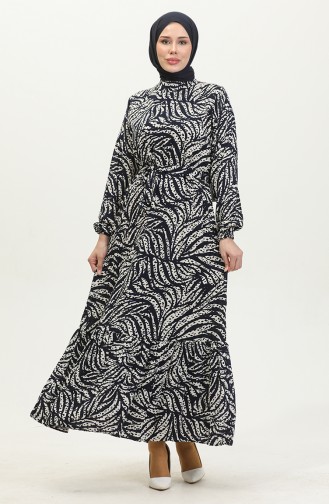 Kleid Aus Viskose Mit Blattmuster 0414-01 Marineblau 0414-01