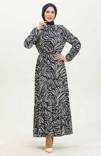 Kleid Aus Viskose Mit Blattmuster 0414-01 Marineblau 0414-01