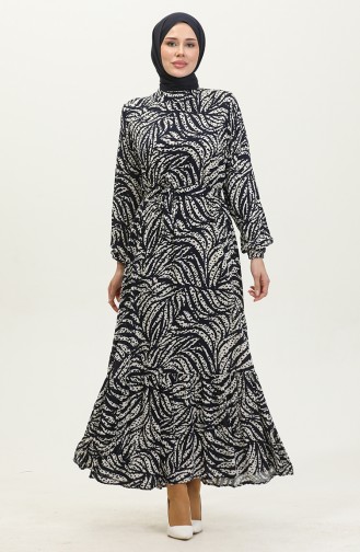 Kleid Aus Viskose Mit Blattmuster 0414-01 Marineblau 0414-01