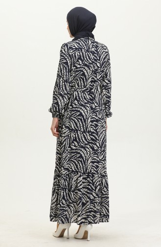Kleid Aus Viskose Mit Blattmuster 0414-01 Marineblau 0414-01