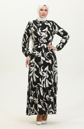 Robe Viscose à Ceinture Et Fronces 0413-01 Noir Ecru 0413-01