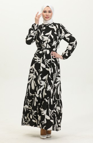 Robe Viscose à Ceinture Et Fronces 0413-01 Noir Ecru 0413-01