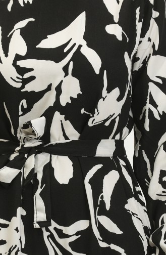 Robe Viscose à Ceinture Et Fronces 0413-01 Noir Ecru 0413-01