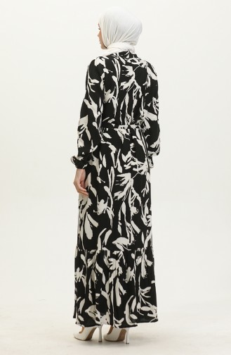 Robe Viscose à Ceinture Et Fronces 0413-01 Noir Ecru 0413-01