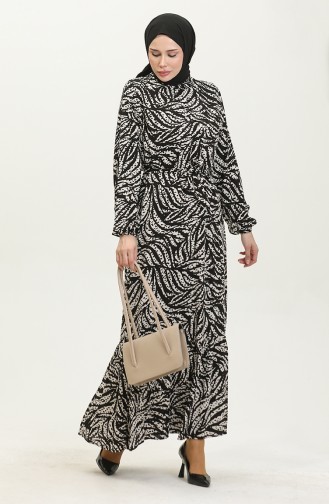 Kleid Aus Viskose Mit Blattmuster 0414-03 Schwarz 0414-03