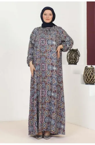 Large Size Patterned Dress 1134-04 Indigo 1134-04