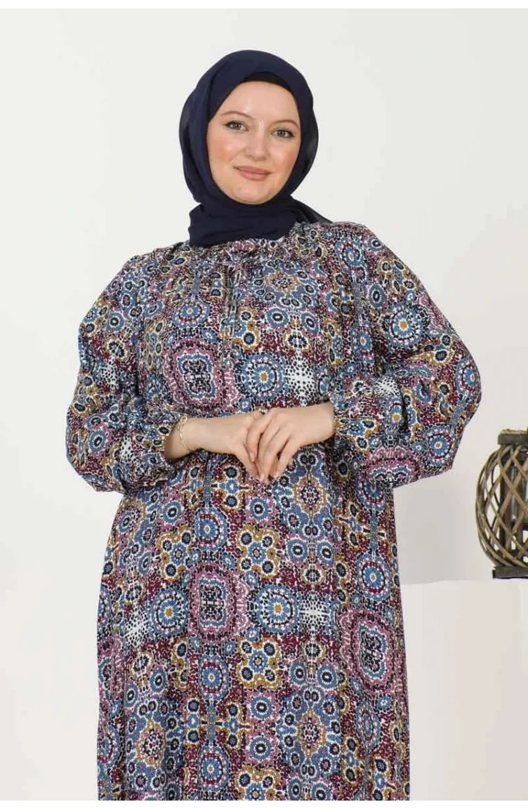 Large Size Patterned Dress 1134-04 Indigo 1134-04