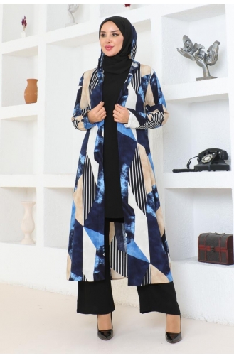 Geometric Patterned Hijab Suit 4027-03 Navy Blue 4027-03
