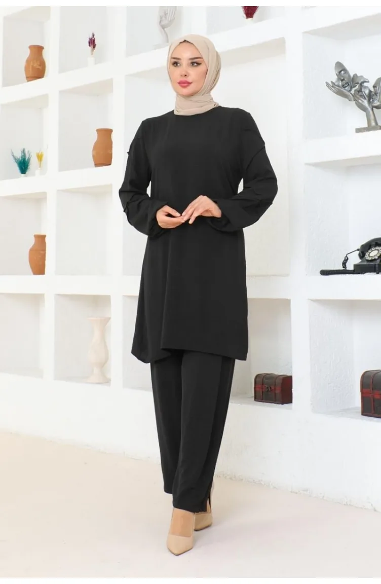 Sleeve Detailed Aerobin Suit 0074-01 Black 0074-01