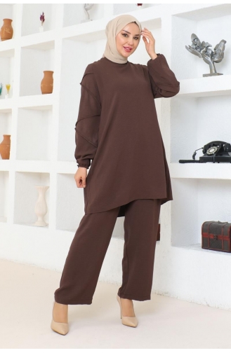 Sleeve Detailed Aerobin Suit 0074-03 Brown 0074-03
