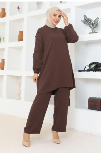 Sleeve Detailed Aerobin Suit 0074-03 Brown 0074-03