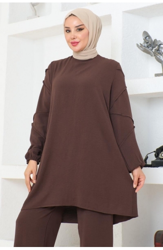 Sleeve Detailed Aerobin Suit 0074-03 Brown 0074-03