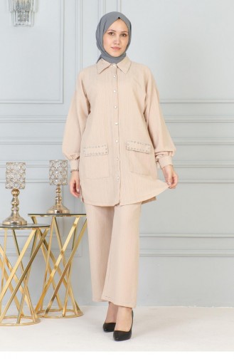 Pocket Stone Detailed Suit Beige 19210 15238
