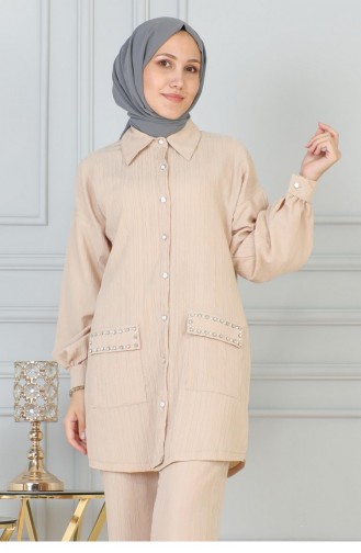 Pocket Stone Detailed Suit Beige 19210 15238
