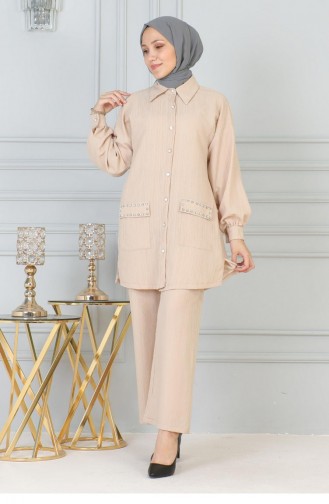Pocket Stone Detailed Suit Beige 19210 15238
