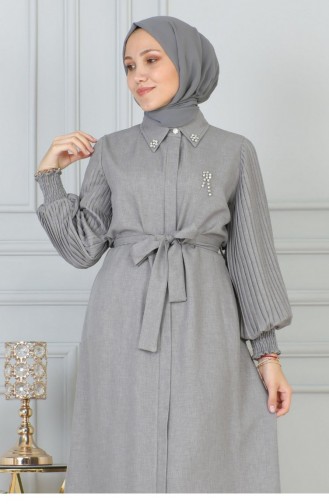 Steen Gedetailleerde Abaya Met Knopen Grijs 19208 15242