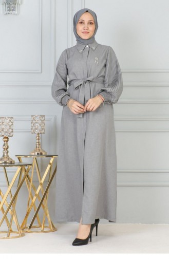 Steen Gedetailleerde Abaya Met Knopen Grijs 19208 15242