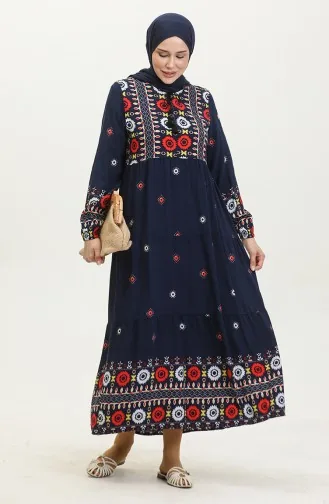Robe à Motifs Brodée 4089-01 Bleu Marine 4089-01