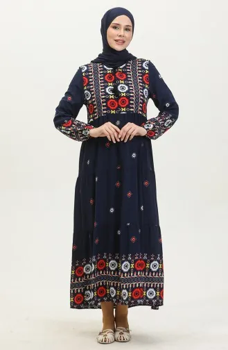 Robe à Motifs Brodée 4089-01 Bleu Marine 4089-01