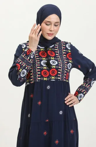 Robe à Motifs Brodée 4089-01 Bleu Marine 4089-01