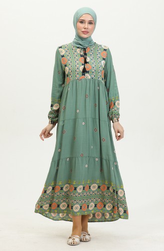 Nakış Desenli Elbise 4089-02 Mint Yeşili