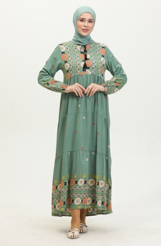 Nakış Desenli Elbise 4089-02 Mint Yeşili