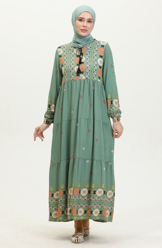 Nakış Desenli Elbise 4089-02 Mint Yeşili
