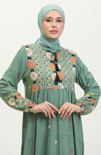 Nakış Desenli Elbise 4089-02 Mint Yeşili