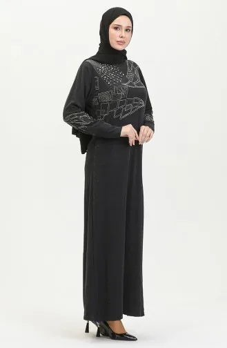 Taş Baskılı Simli Abiye Elbise 0422-01 Füme