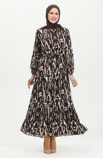Viscose Patterned Belted Dress 0421-01 Brown 0421-01